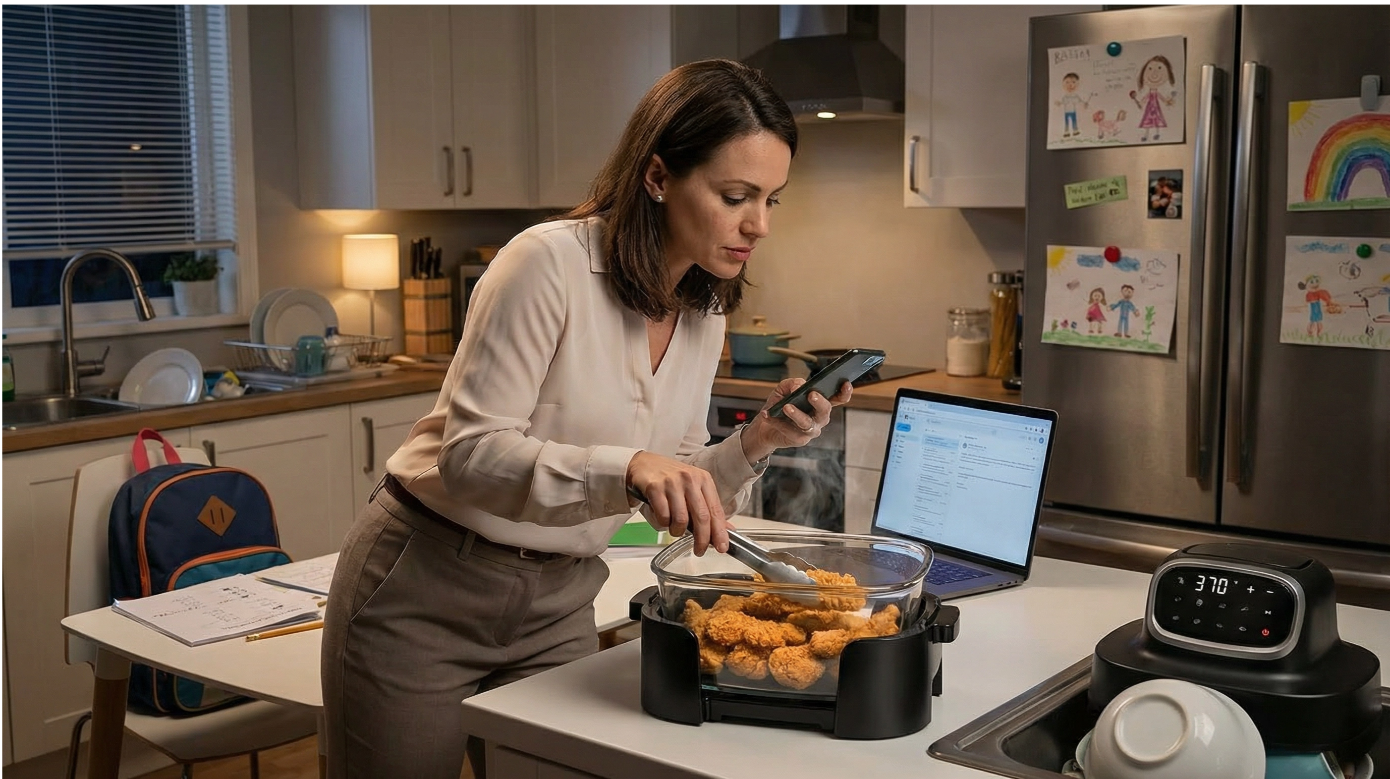 Busy parent using TEVOLUX air fryer while multitasking