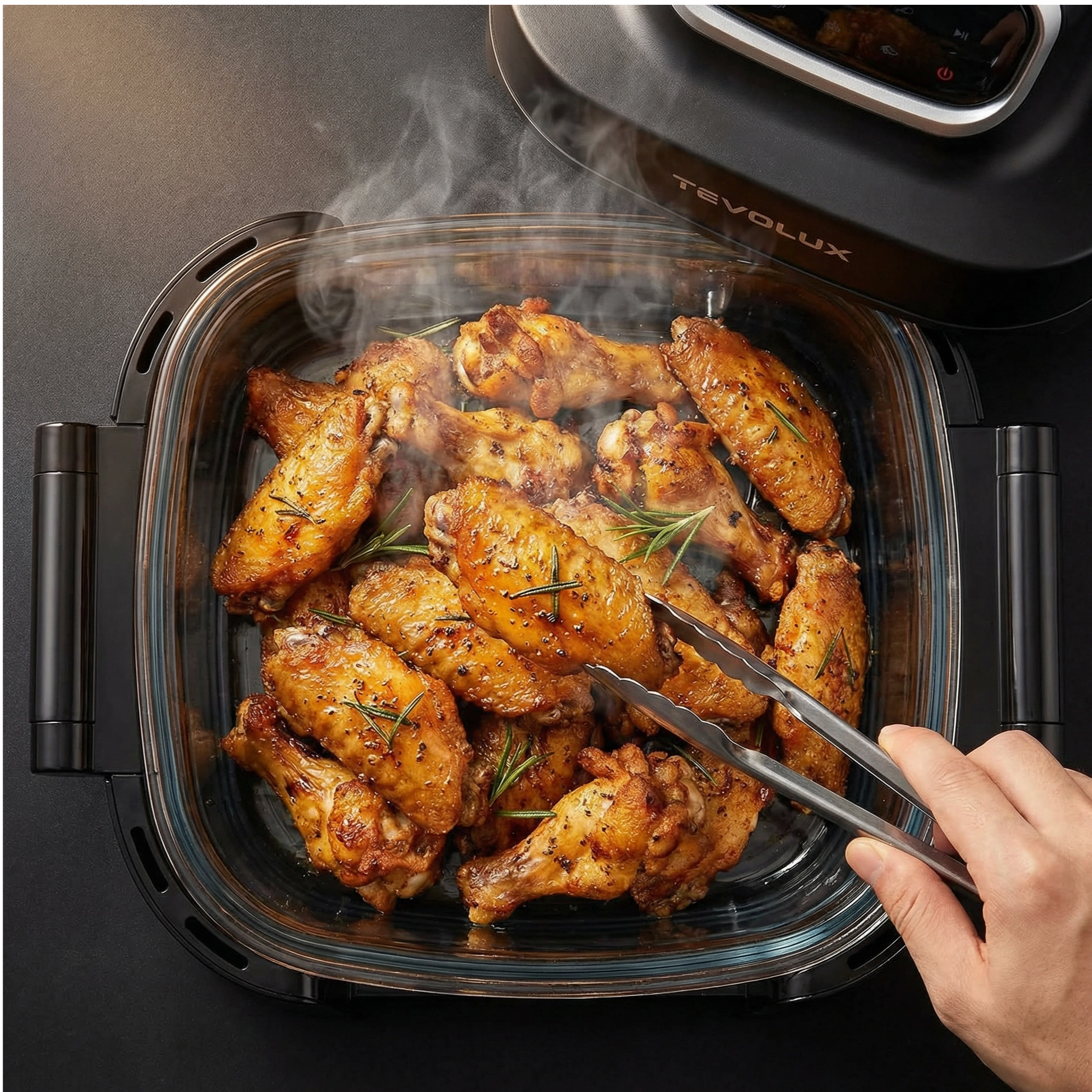 Perfectly cooked food in TEVOLUX glass container